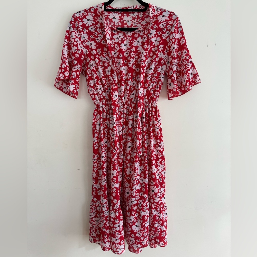 Floral Sleeved Red Midi Dress